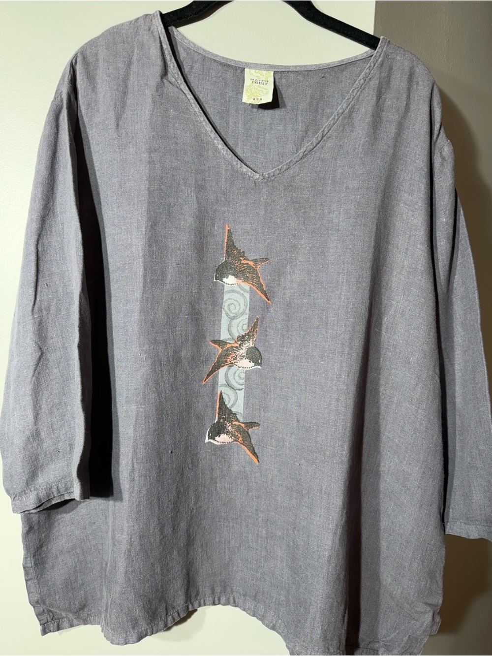 Women's V-Neck Tunic with Bird Motif in Gray